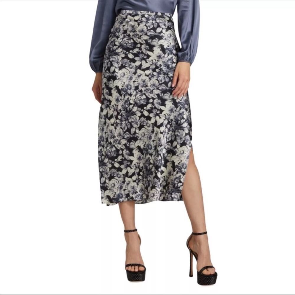 NWOT Cinq a Sept Adis Floral Print Silk Midi Skirt Black Blue Size 00